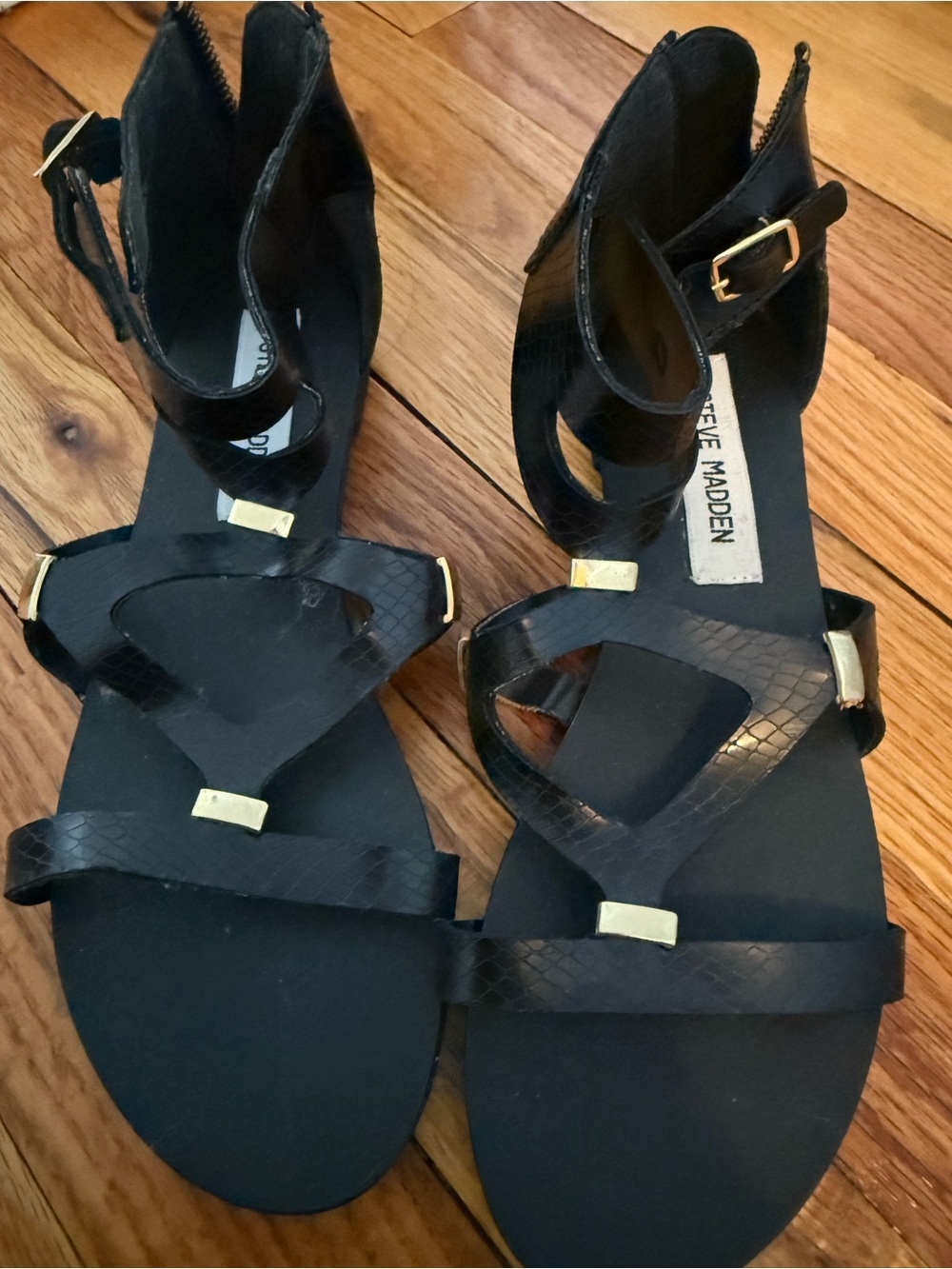Steve Madden Black Strappy Ankle Wrap Sandals with Gold Accents